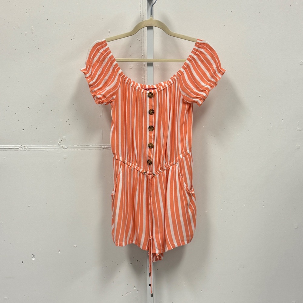 Guess Los Angeles Striped Of The‎ Shoulder Button Front Romper XS Orange White